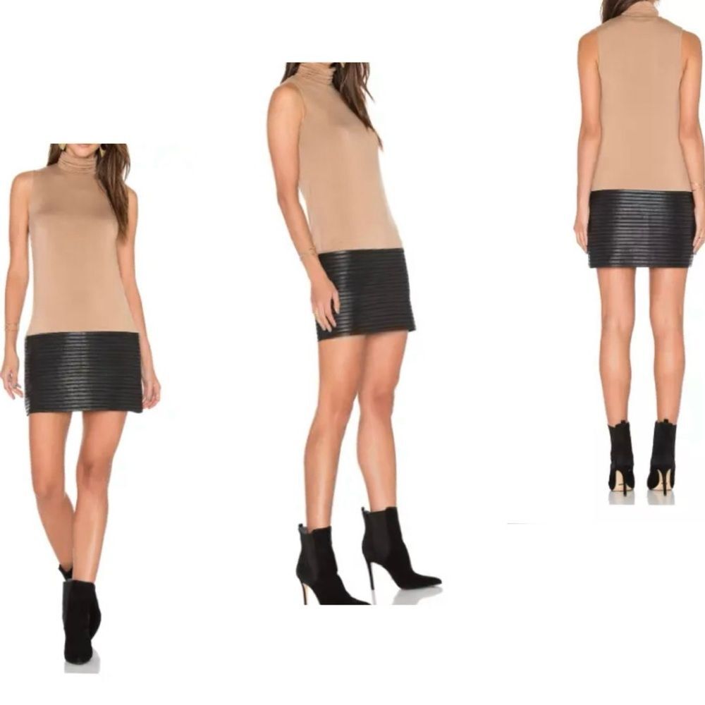 Bailey/44 Mia Dress in Camel with Striped Textured‎ Black Leatherette Hem Small